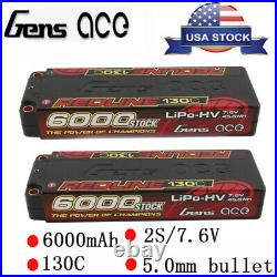 2X Gens ace 7.6V 130C 6000mAh 2S Lipo Battery Long HV HardCase For 1/8 RC Car US